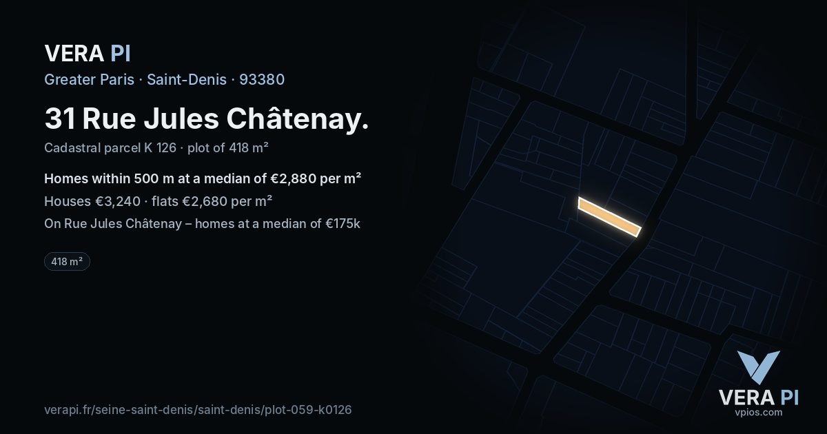 31 Rue Jules Châtenay, Saint-Denis at night – the plot lit, the parcels around coloured by the prices near them