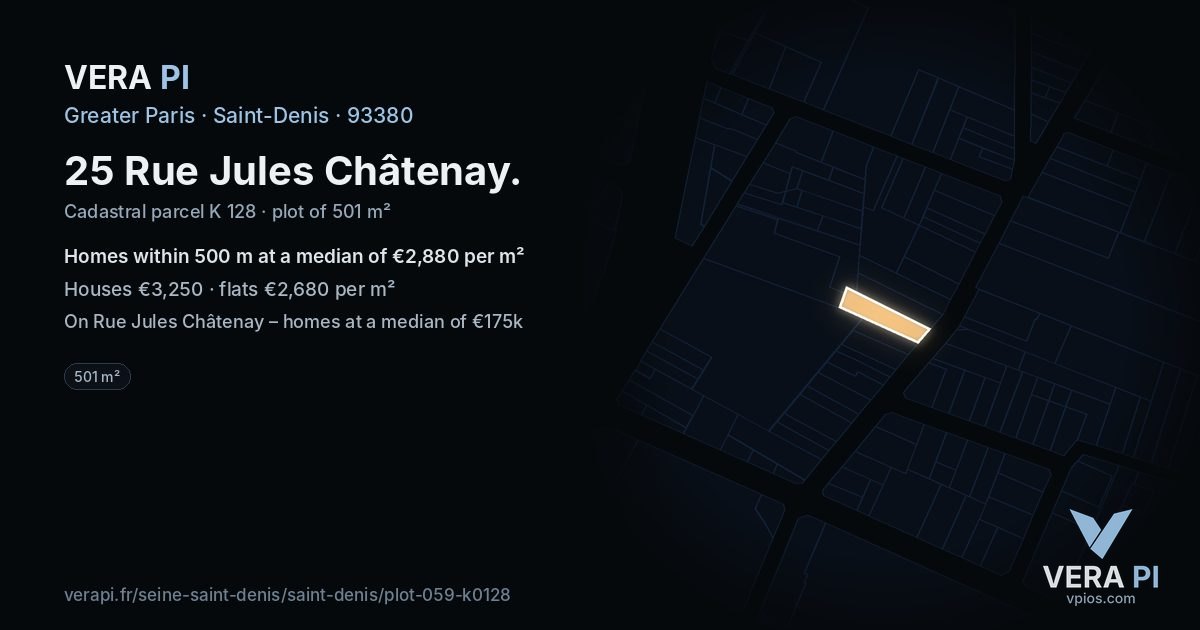 25 Rue Jules Châtenay, Saint-Denis at night – the plot lit, the parcels around coloured by the prices near them