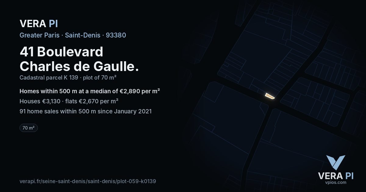41 Boulevard Charles de Gaulle, Saint-Denis at night – the plot lit, the parcels around coloured by the prices near them
