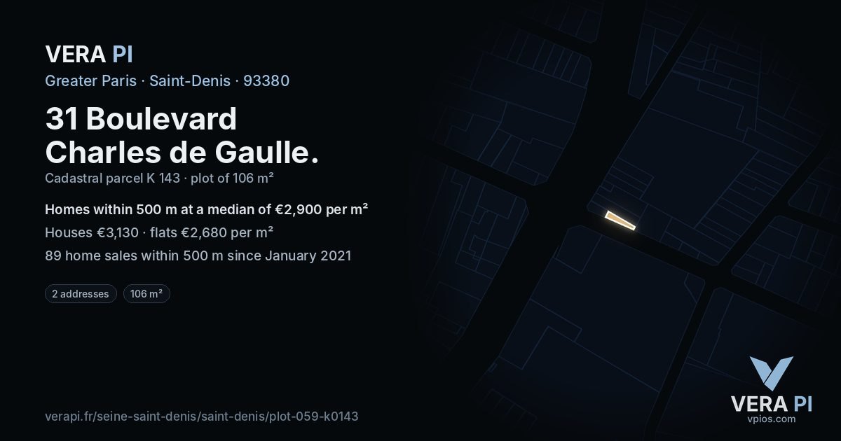 31 Boulevard Charles de Gaulle, Saint-Denis at night – the plot lit, the parcels around coloured by the prices near them