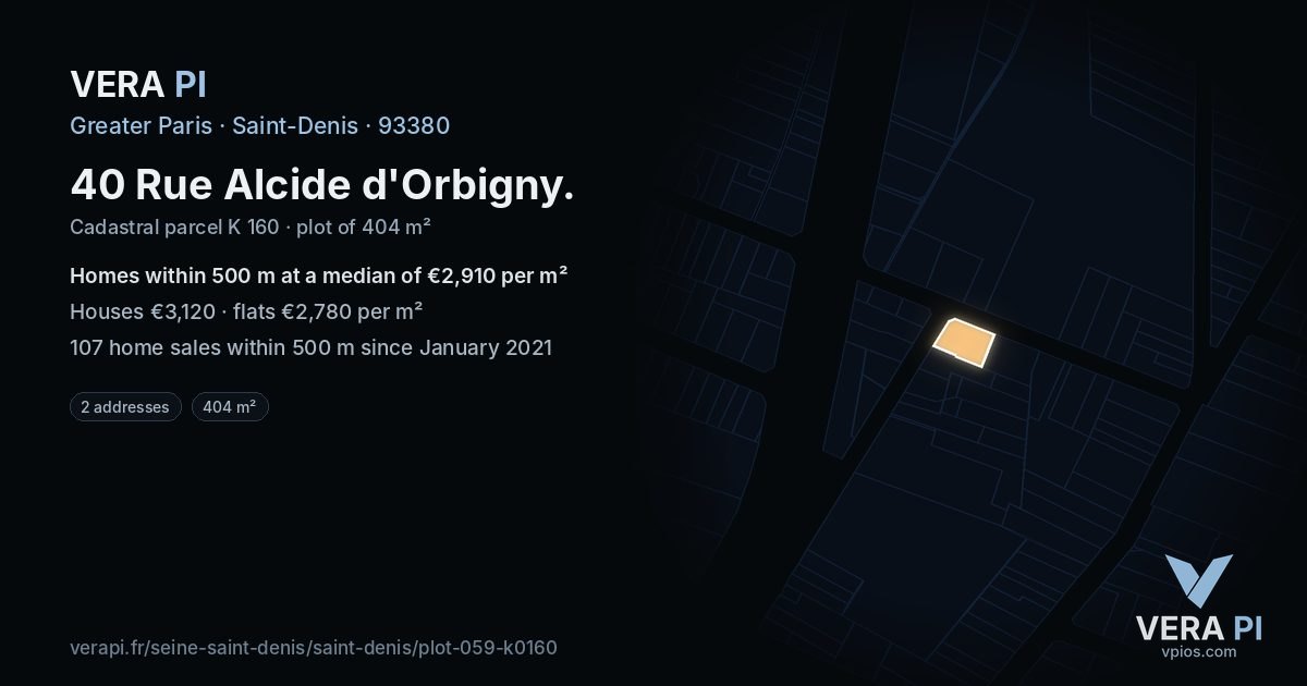 40 Rue Alcide d'Orbigny, Saint-Denis at night – the plot lit, the parcels around coloured by the prices near them