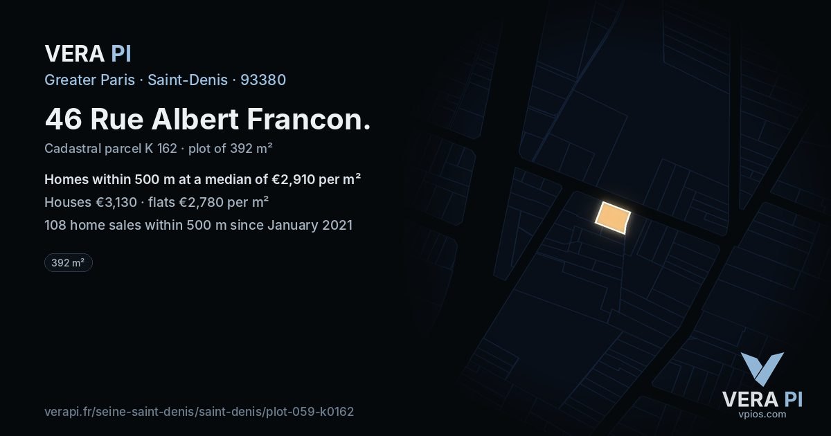 46 Rue Albert Francon, Saint-Denis at night – the plot lit, the parcels around coloured by the prices near them