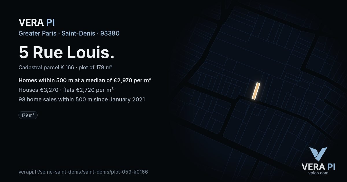 5 Rue Louis, Saint-Denis at night – the plot lit, the parcels around coloured by the prices near them