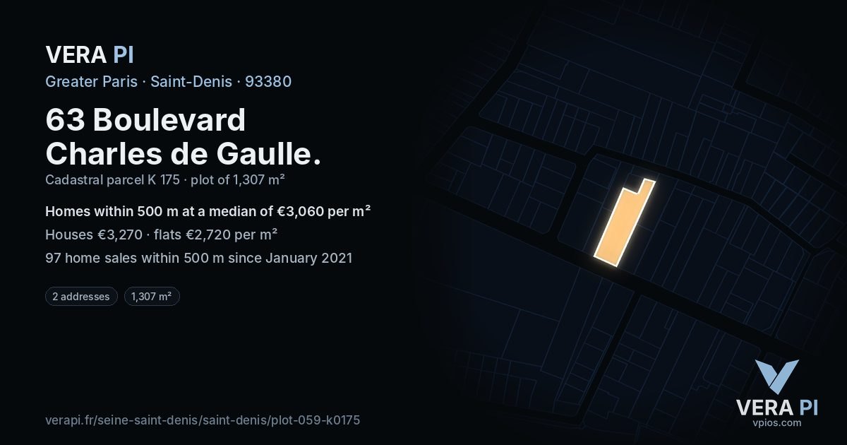 63 Boulevard Charles de Gaulle, Saint-Denis at night – the plot lit, the parcels around coloured by the prices near them