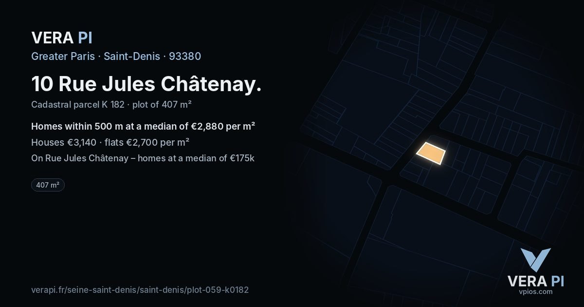 10 Rue Jules Châtenay, Saint-Denis at night – the plot lit, the parcels around coloured by the prices near them