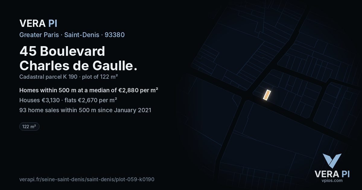 45 Boulevard Charles de Gaulle, Saint-Denis at night – the plot lit, the parcels around coloured by the prices near them