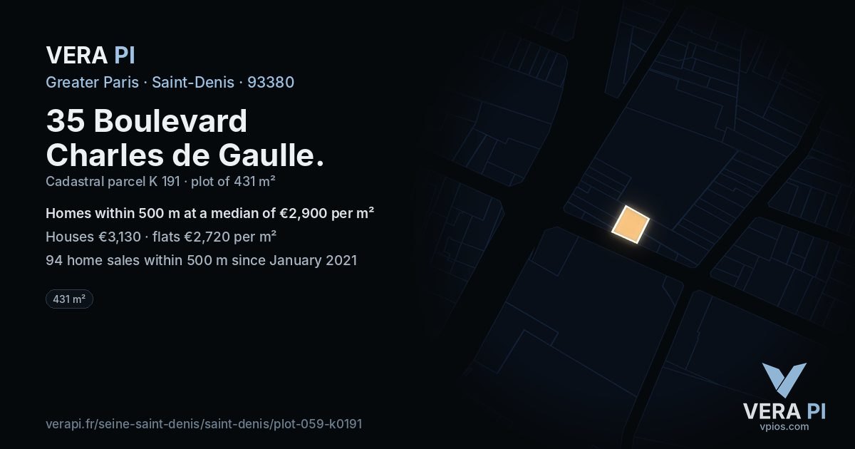 35 Boulevard Charles de Gaulle, Saint-Denis at night – the plot lit, the parcels around coloured by the prices near them