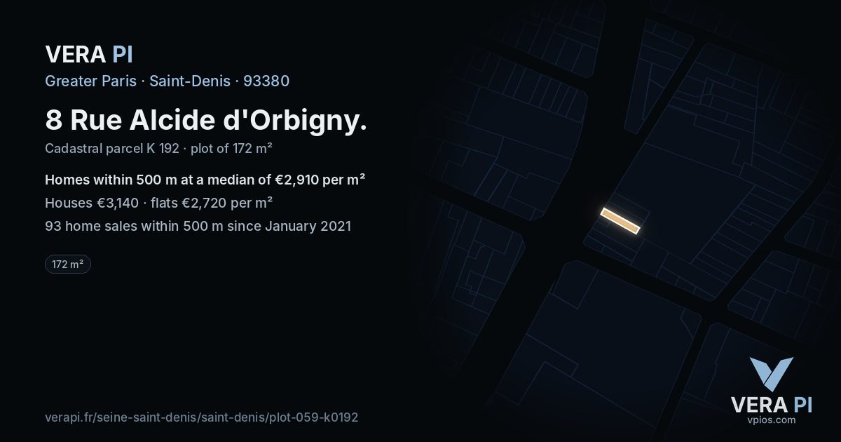 8 Rue Alcide d'Orbigny, Saint-Denis at night – the plot lit, the parcels around coloured by the prices near them