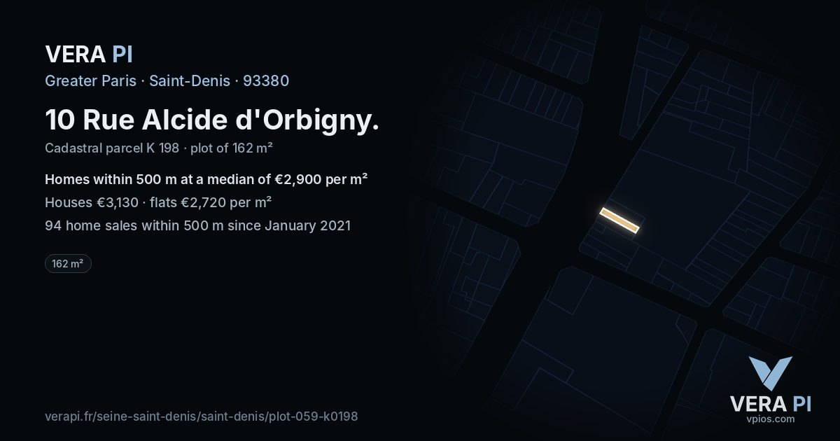 10 Rue Alcide d'Orbigny, Saint-Denis at night – the plot lit, the parcels around coloured by the prices near them