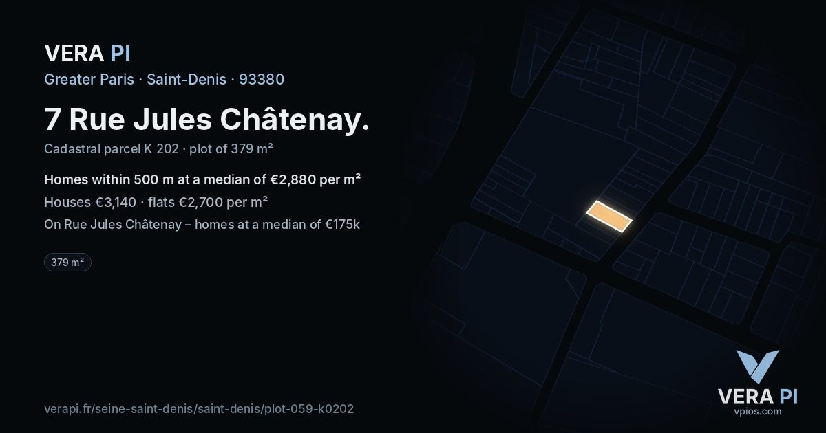 7 Rue Jules Châtenay, Saint-Denis at night – the plot lit, the parcels around coloured by the prices near them