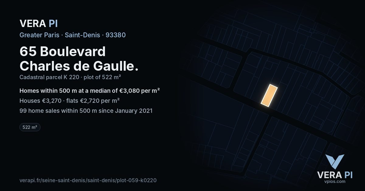 65 Boulevard Charles de Gaulle, Saint-Denis at night – the plot lit, the parcels around coloured by the prices near them