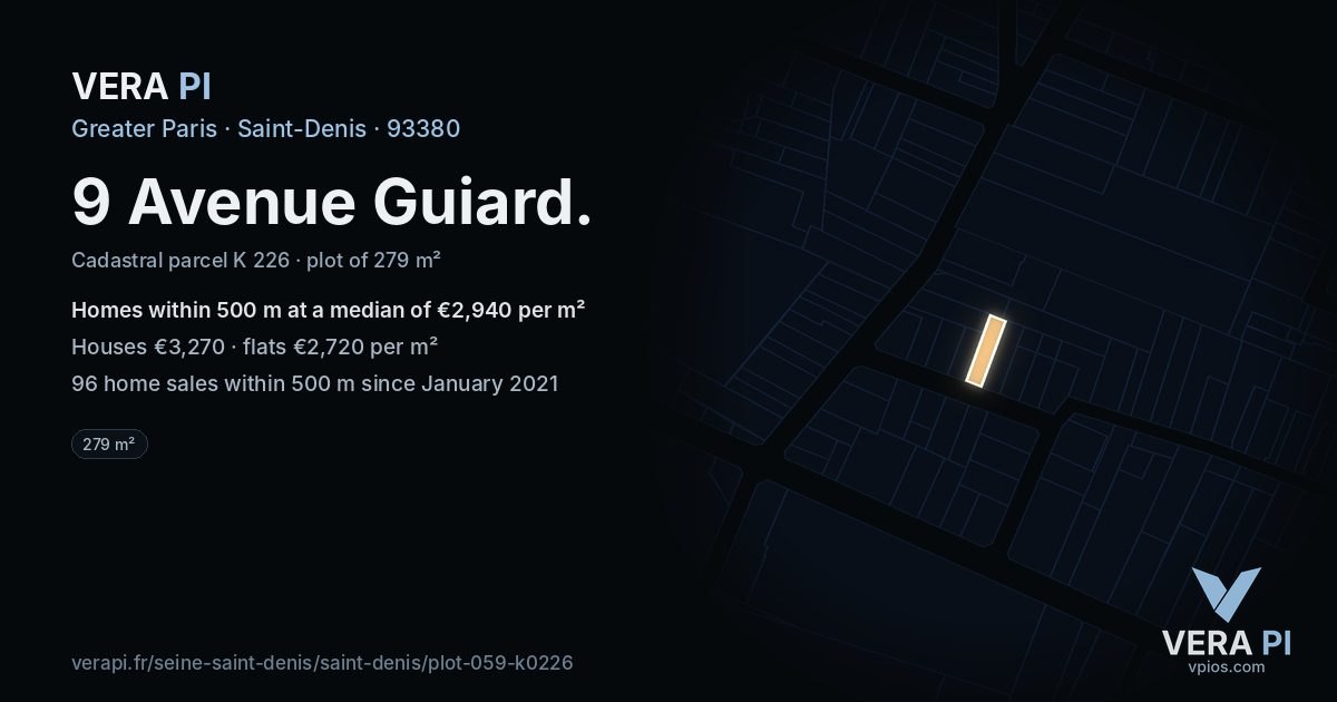 9 Avenue Guiard, Saint-Denis at night – the plot lit, the parcels around coloured by the prices near them