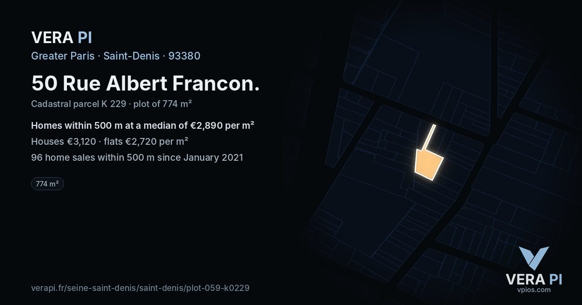 50 Rue Albert Francon, Saint-Denis at night – the plot lit, the parcels around coloured by the prices near them