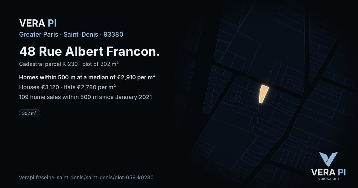 48 Rue Albert Francon, Saint-Denis at night – the plot lit, the parcels around coloured by the prices near them