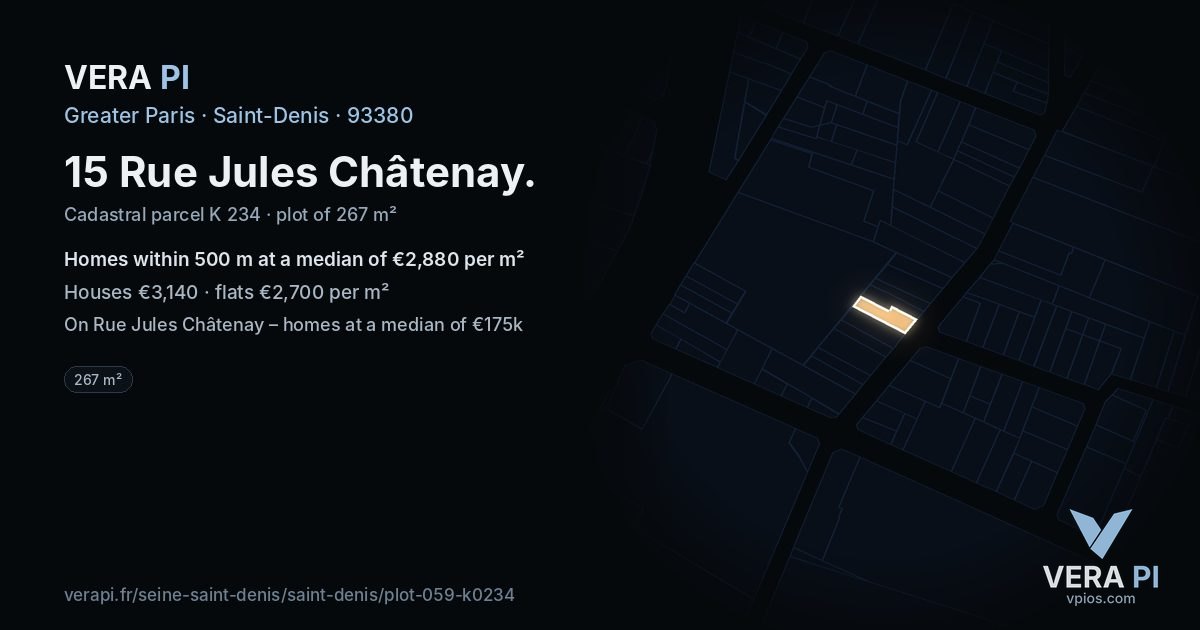 15 Rue Jules Châtenay, Saint-Denis at night – the plot lit, the parcels around coloured by the prices near them
