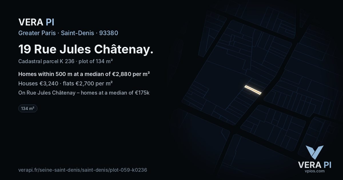 19 Rue Jules Châtenay, Saint-Denis at night – the plot lit, the parcels around coloured by the prices near them