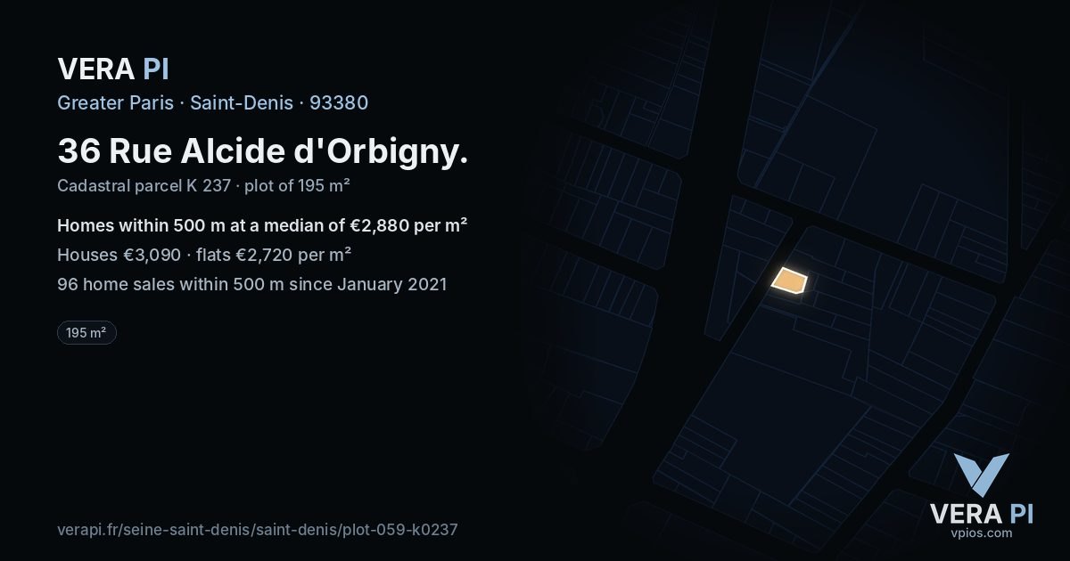 36 Rue Alcide d'Orbigny, Saint-Denis at night – the plot lit, the parcels around coloured by the prices near them