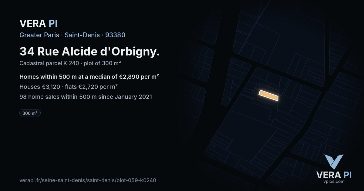 34 Rue Alcide d'Orbigny, Saint-Denis at night – the plot lit, the parcels around coloured by the prices near them