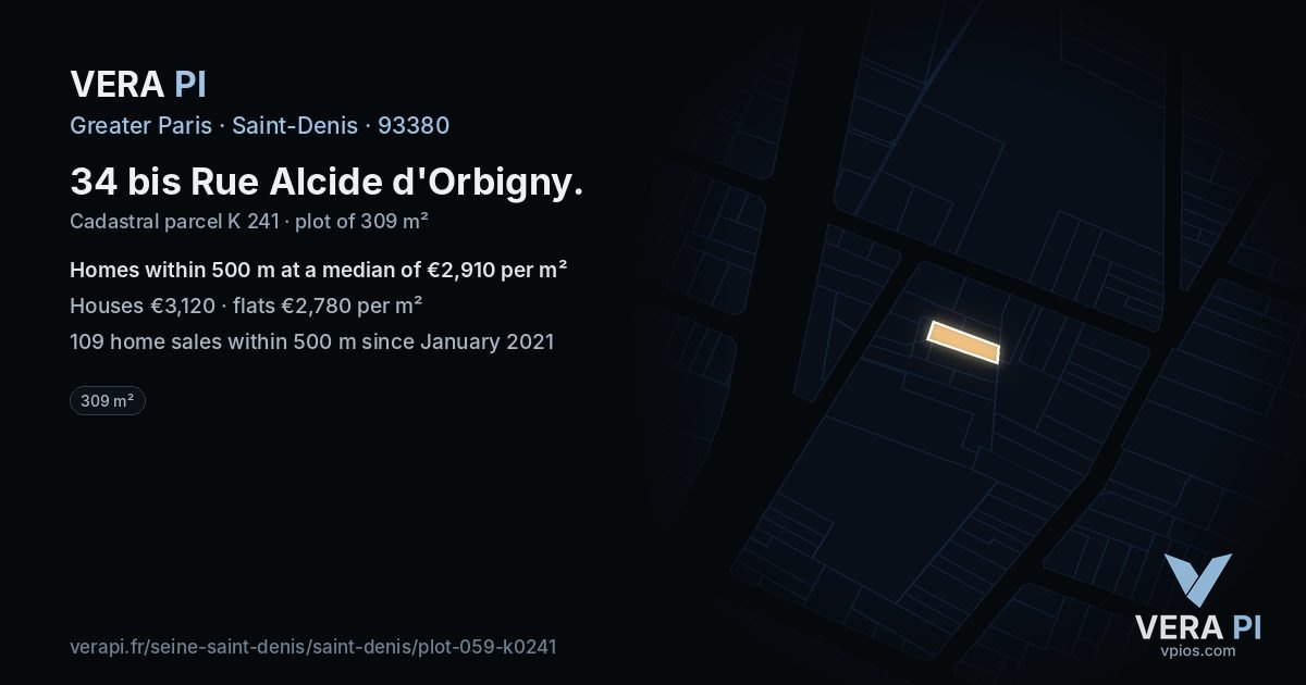 34 bis Rue Alcide d'Orbigny, Saint-Denis at night – the plot lit, the parcels around coloured by the prices near them