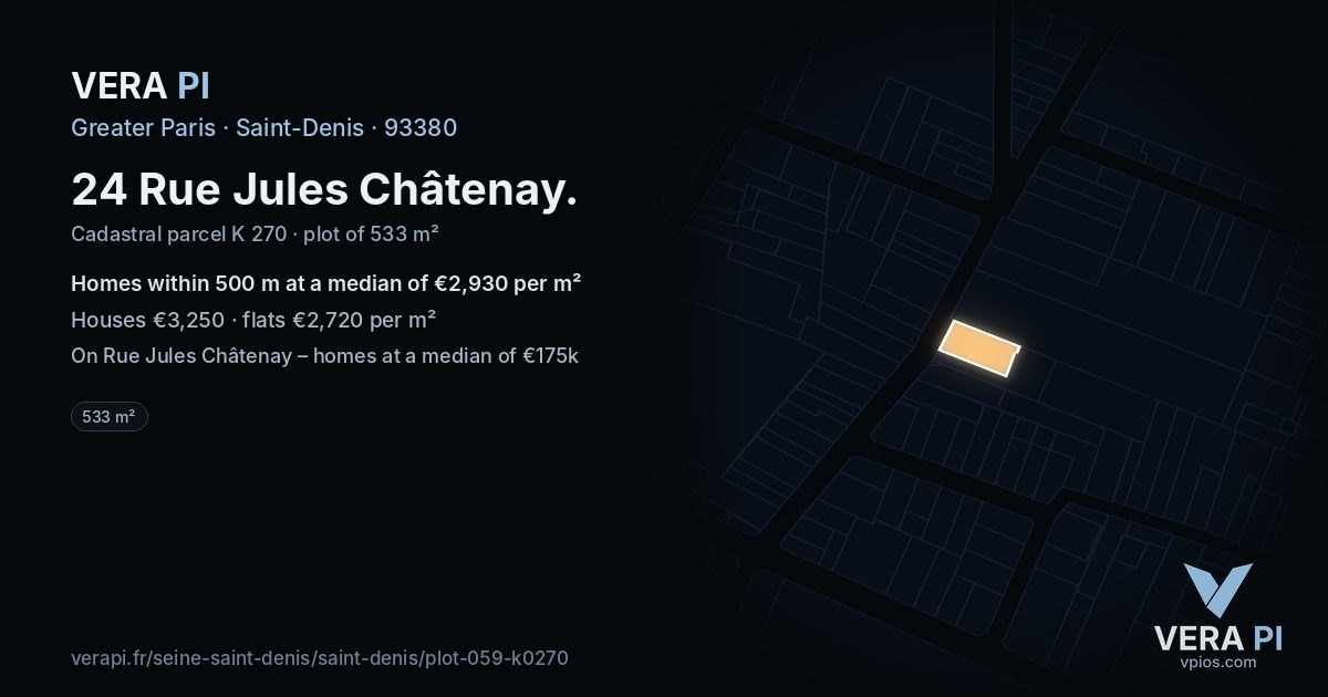 24 Rue Jules Châtenay, Saint-Denis at night – the plot lit, the parcels around coloured by the prices near them