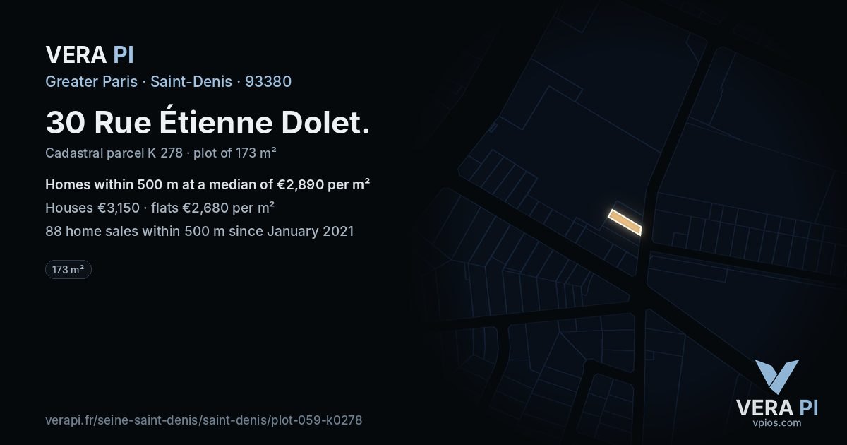 30 Rue Étienne Dolet, Saint-Denis at night – the plot lit, the parcels around coloured by the prices near them