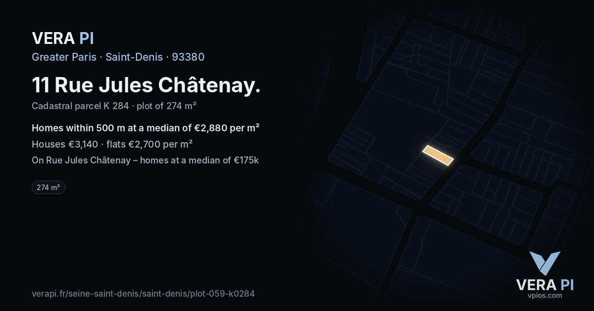 11 Rue Jules Châtenay, Saint-Denis at night – the plot lit, the parcels around coloured by the prices near them