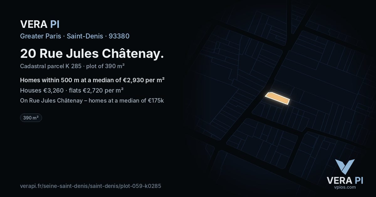 20 Rue Jules Châtenay, Saint-Denis at night – the plot lit, the parcels around coloured by the prices near them