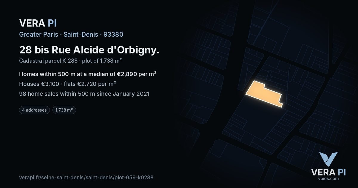 28 bis Rue Alcide d'Orbigny, Saint-Denis at night – the plot lit, the parcels around coloured by the prices near them