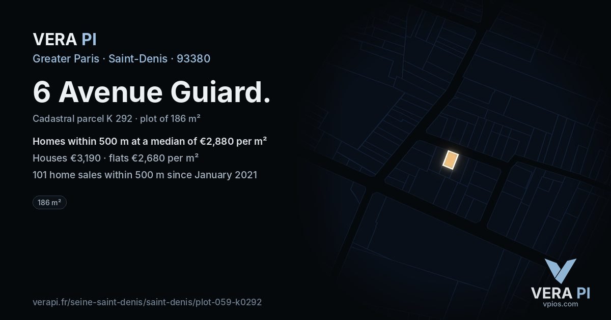 6 Avenue Guiard, Saint-Denis at night – the plot lit, the parcels around coloured by the prices near them