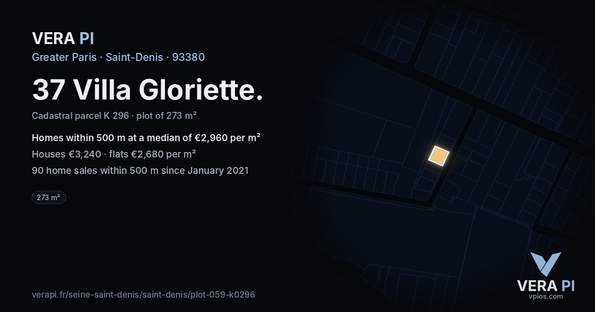 37 Villa Gloriette, Saint-Denis at night – the plot lit, the parcels around coloured by the prices near them