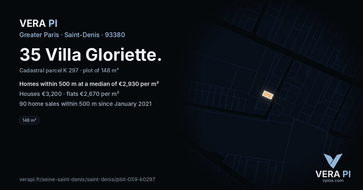 35 Villa Gloriette, Saint-Denis at night – the plot lit, the parcels around coloured by the prices near them