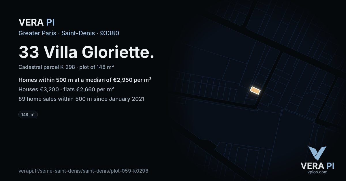 33 Villa Gloriette, Saint-Denis at night – the plot lit, the parcels around coloured by the prices near them
