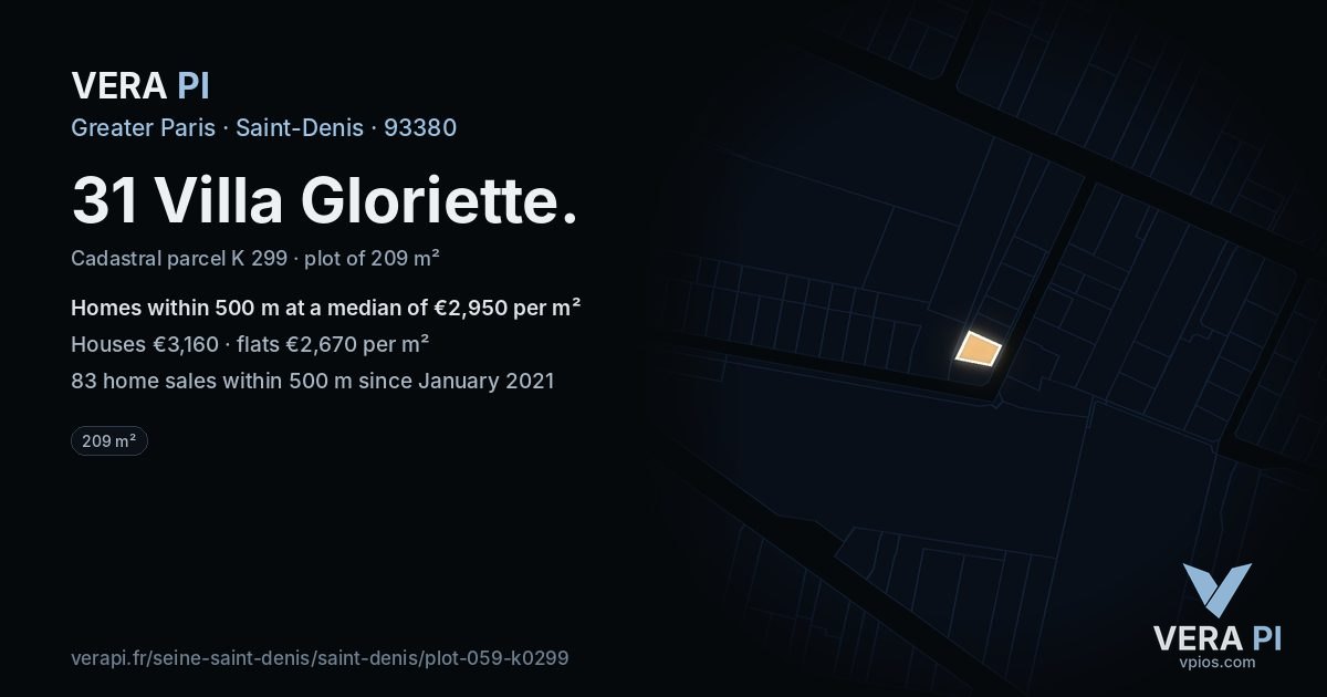 31 Villa Gloriette, Saint-Denis at night – the plot lit, the parcels around coloured by the prices near them