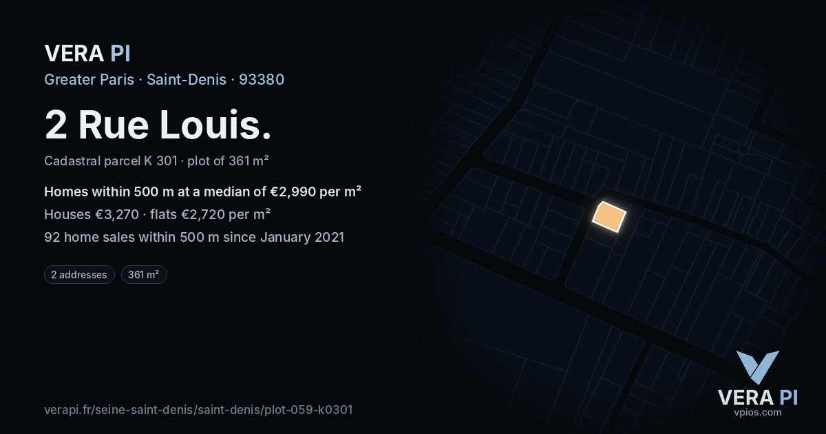 2 Rue Louis, Saint-Denis at night – the plot lit, the parcels around coloured by the prices near them