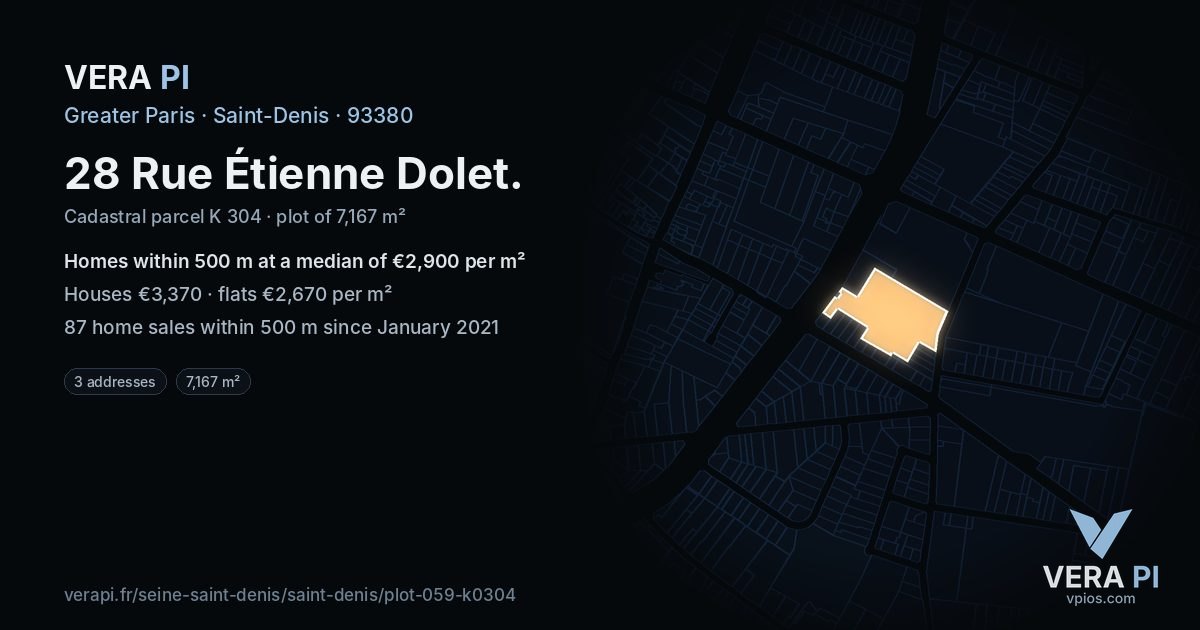 28 Rue Étienne Dolet, Saint-Denis at night – the plot lit, the parcels around coloured by the prices near them