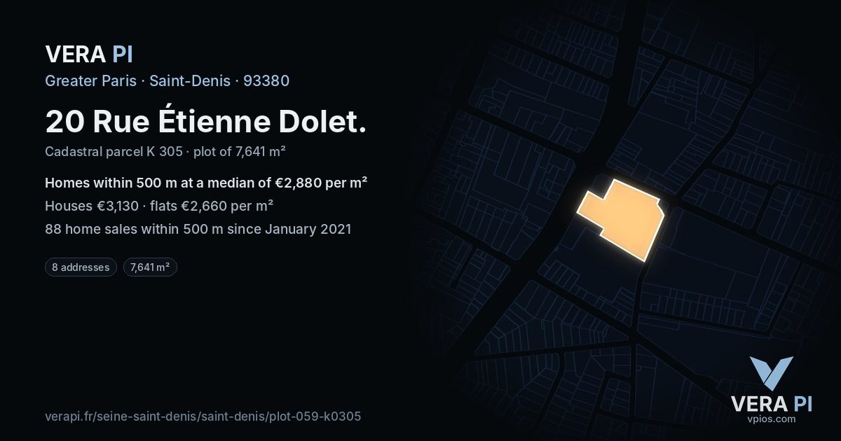 20 Rue Étienne Dolet, Saint-Denis at night – the plot lit, the parcels around coloured by the prices near them