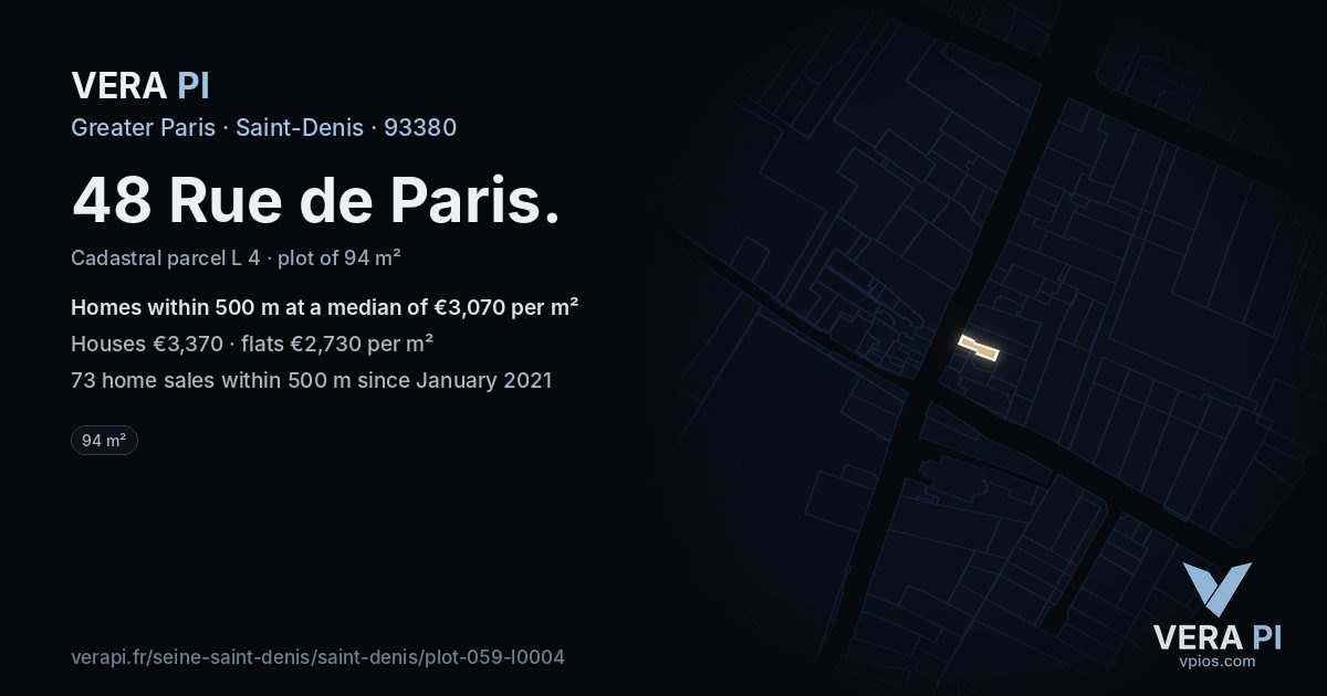 48 Rue de Paris, Saint-Denis at night – the plot lit, the parcels around coloured by the prices near them