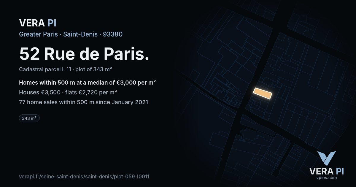 52 Rue de Paris, Saint-Denis at night – the plot lit, the parcels around coloured by the prices near them