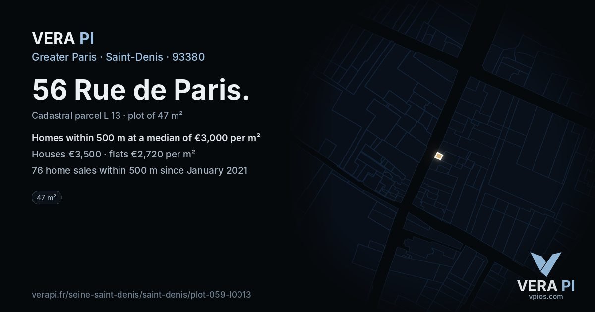 56 Rue de Paris, Saint-Denis at night – the plot lit, the parcels around coloured by the prices near them