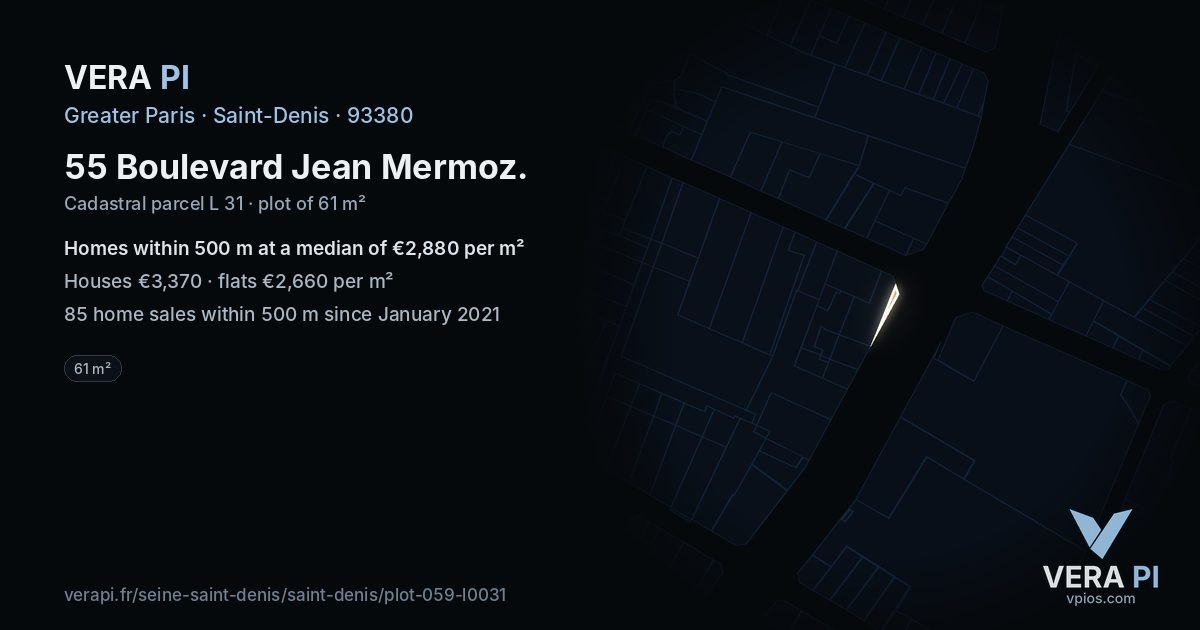 55 Boulevard Jean Mermoz, Saint-Denis at night – the plot lit, the parcels around coloured by the prices near them