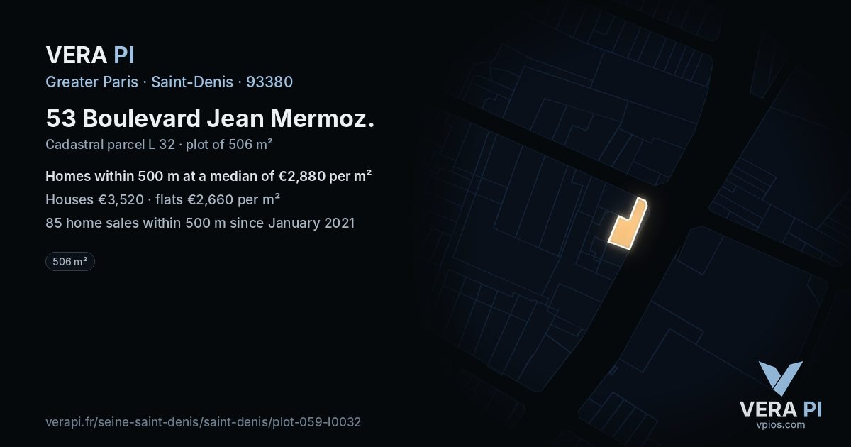 53 Boulevard Jean Mermoz, Saint-Denis at night – the plot lit, the parcels around coloured by the prices near them