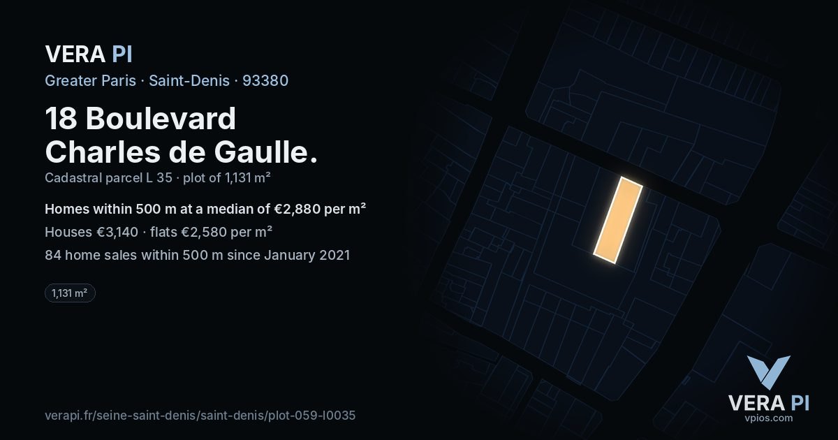 18 Boulevard Charles de Gaulle, Saint-Denis at night – the plot lit, the parcels around coloured by the prices near them