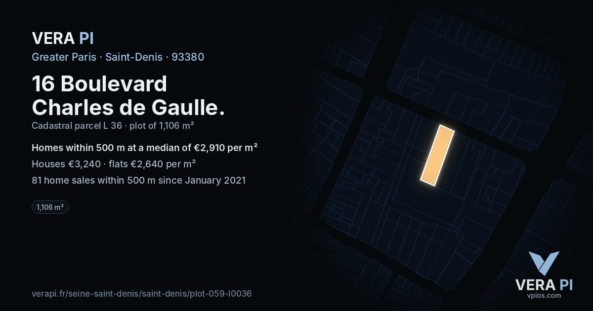 16 Boulevard Charles de Gaulle, Saint-Denis at night – the plot lit, the parcels around coloured by the prices near them
