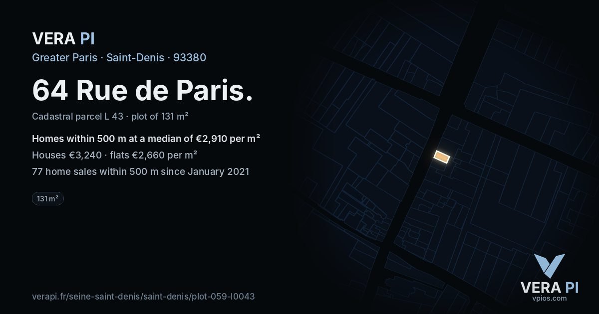 64 Rue de Paris, Saint-Denis at night – the plot lit, the parcels around coloured by the prices near them