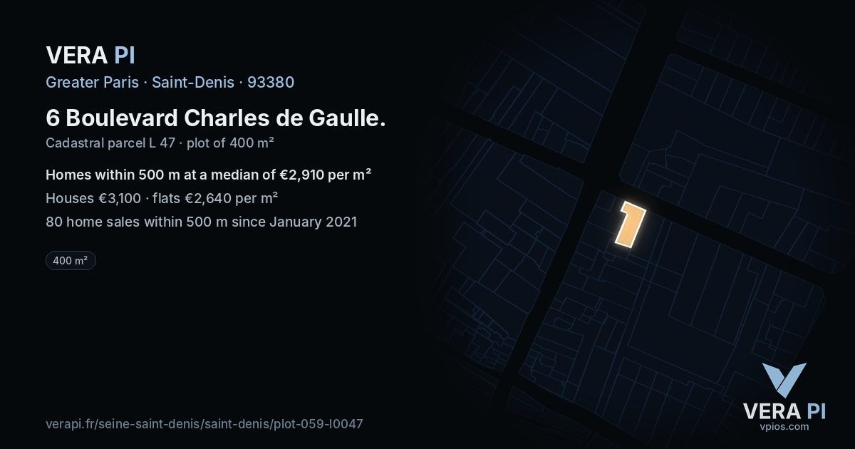 6 Boulevard Charles de Gaulle, Saint-Denis at night – the plot lit, the parcels around coloured by the prices near them