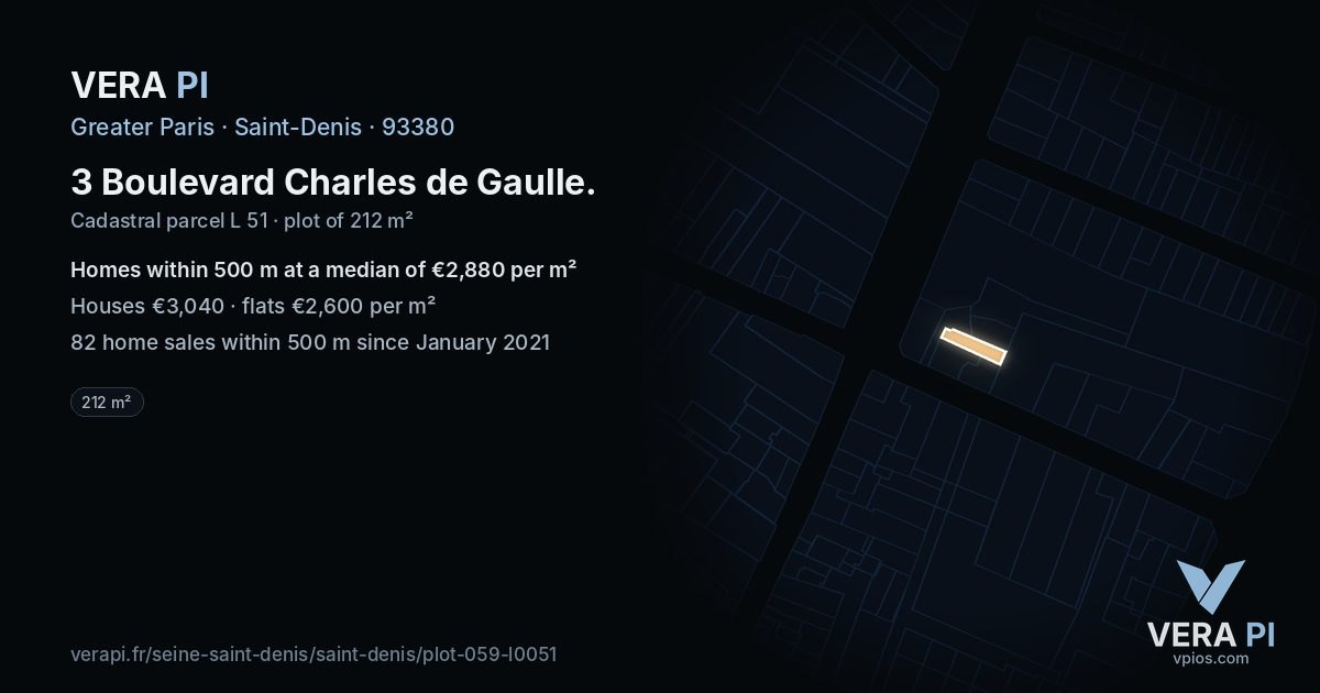 3 Boulevard Charles de Gaulle, Saint-Denis at night – the plot lit, the parcels around coloured by the prices near them