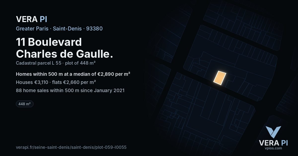 11 Boulevard Charles de Gaulle, Saint-Denis at night – the plot lit, the parcels around coloured by the prices near them