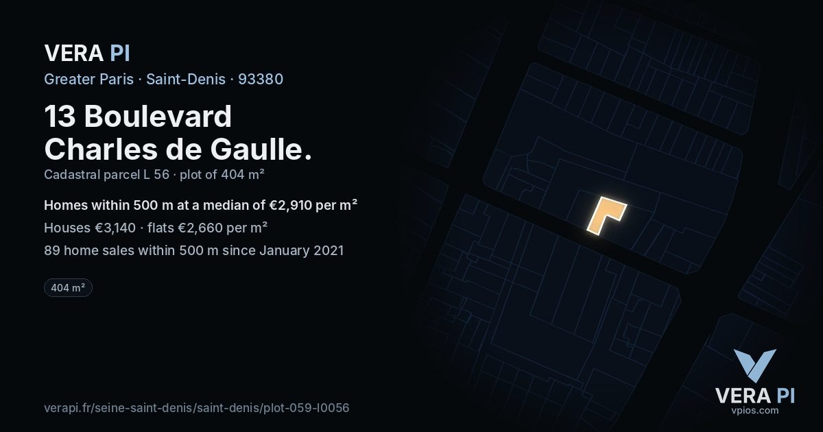 13 Boulevard Charles de Gaulle, Saint-Denis at night – the plot lit, the parcels around coloured by the prices near them