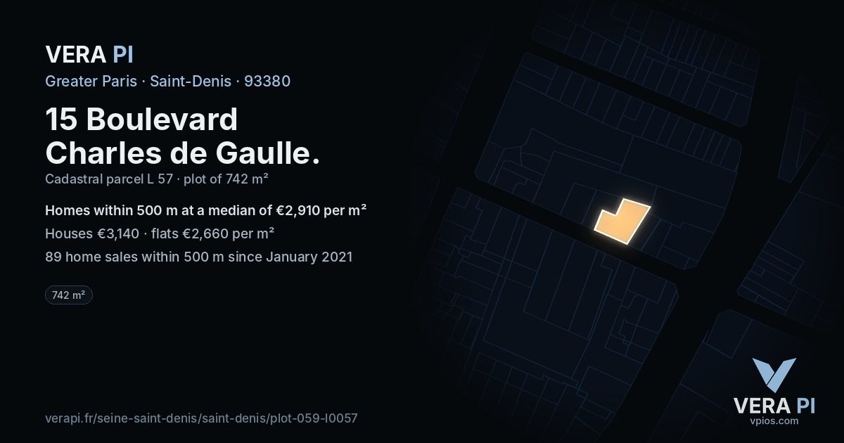 15 Boulevard Charles de Gaulle, Saint-Denis at night – the plot lit, the parcels around coloured by the prices near them