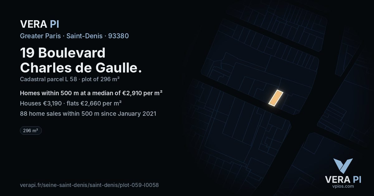 19 Boulevard Charles de Gaulle, Saint-Denis at night – the plot lit, the parcels around coloured by the prices near them